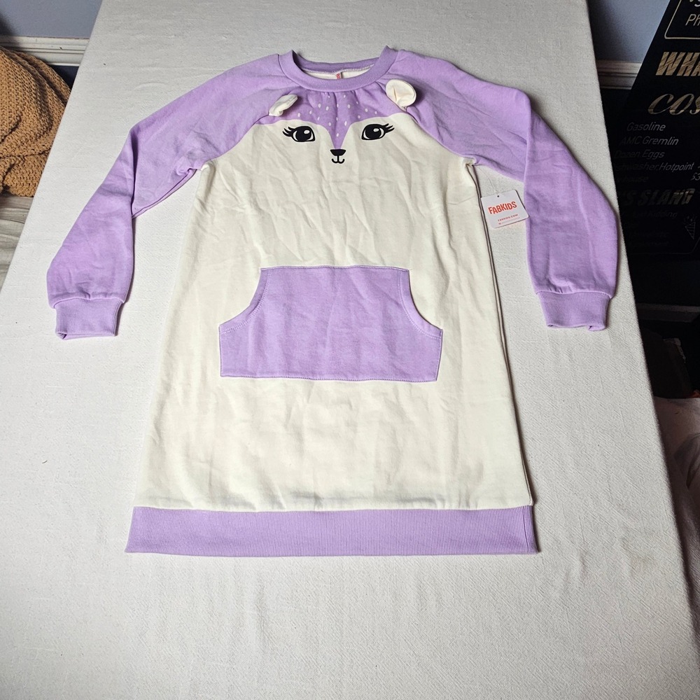 FabKids Girls XL 14/16 Purple Cream Deer Animal Face 3D Ear Sweatshirt Dress NWT